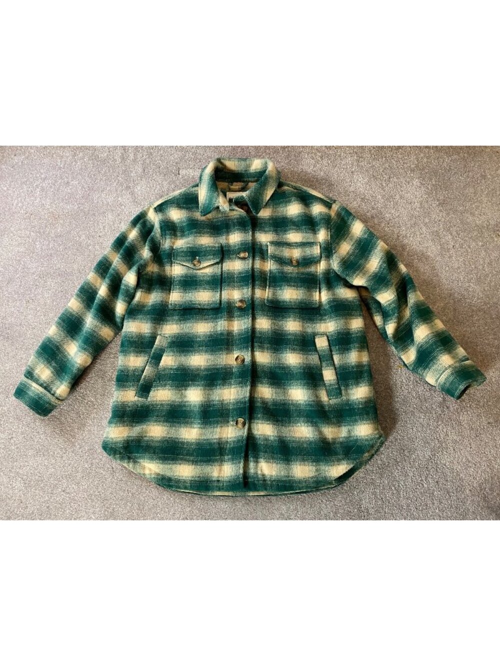 American Eagle Mens Green & Cream Plaid Sherpa-Lined Button-Up Jacket Large